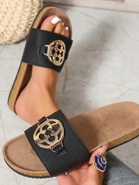 NWOT Black Slide Sandals with Gold Medallion Accent